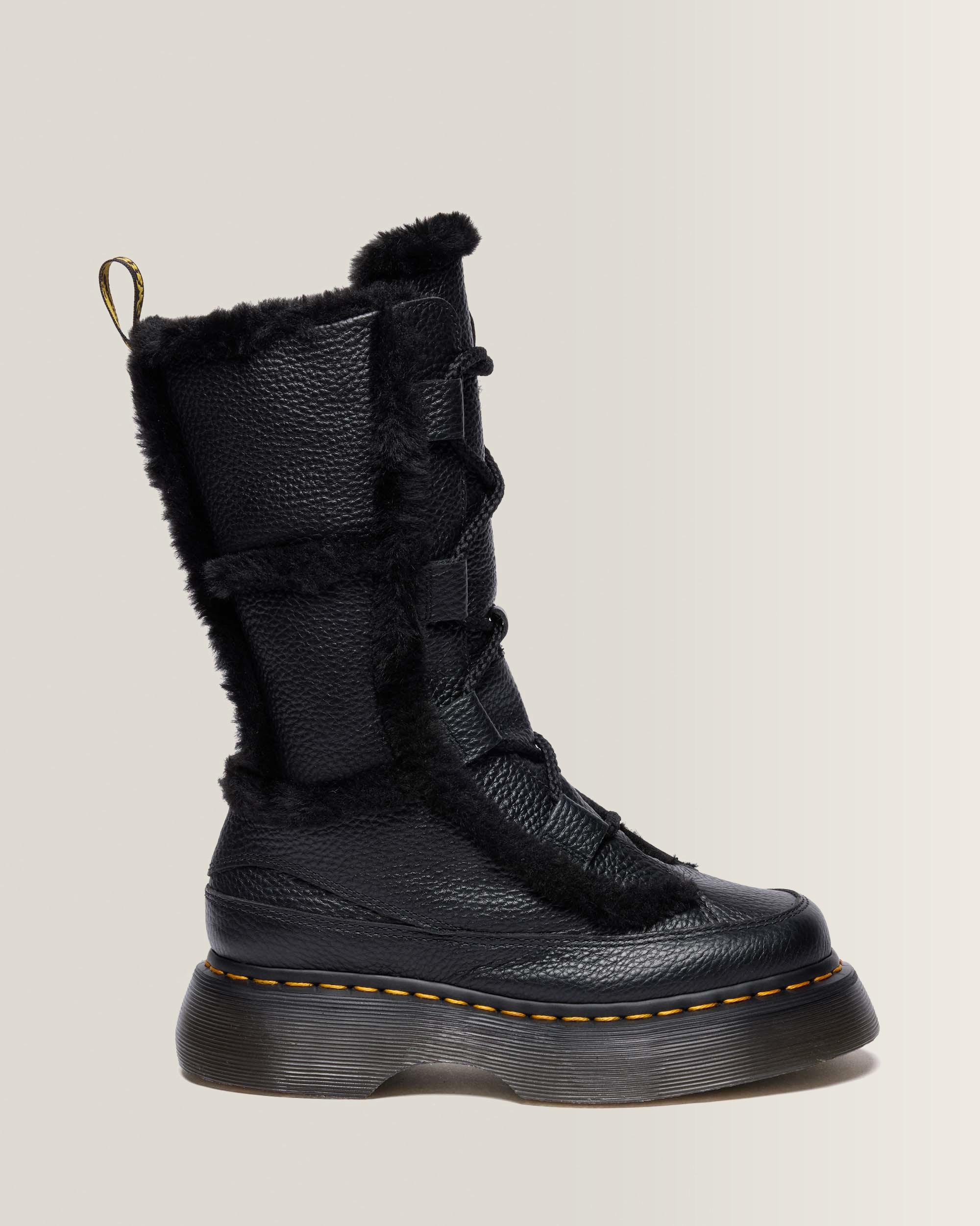 Buzz Lace Up Faux Fur Lined Grizzly Leather Boots - BLACK