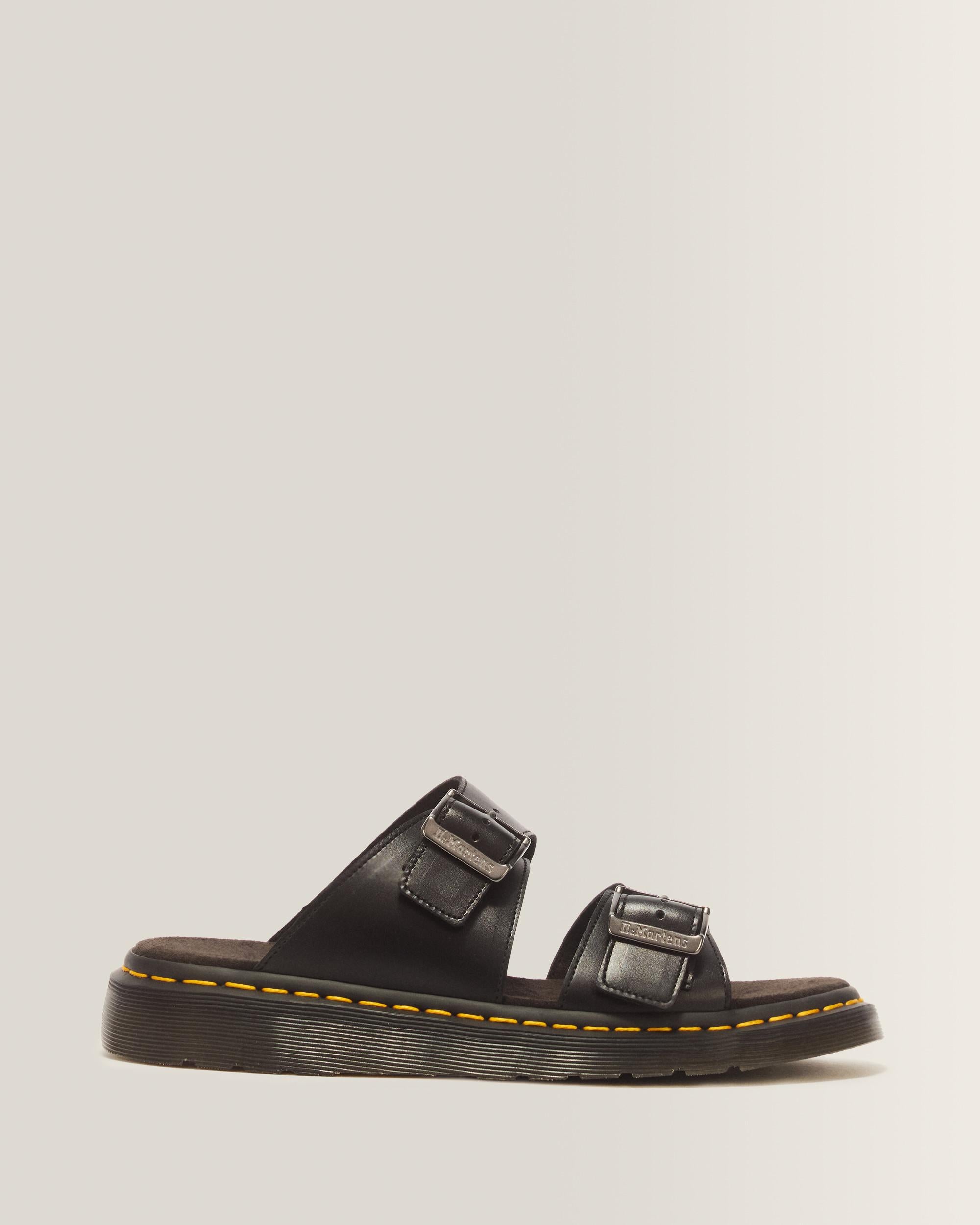 Josef Analine Leather Buckle Slide Sandals - Black