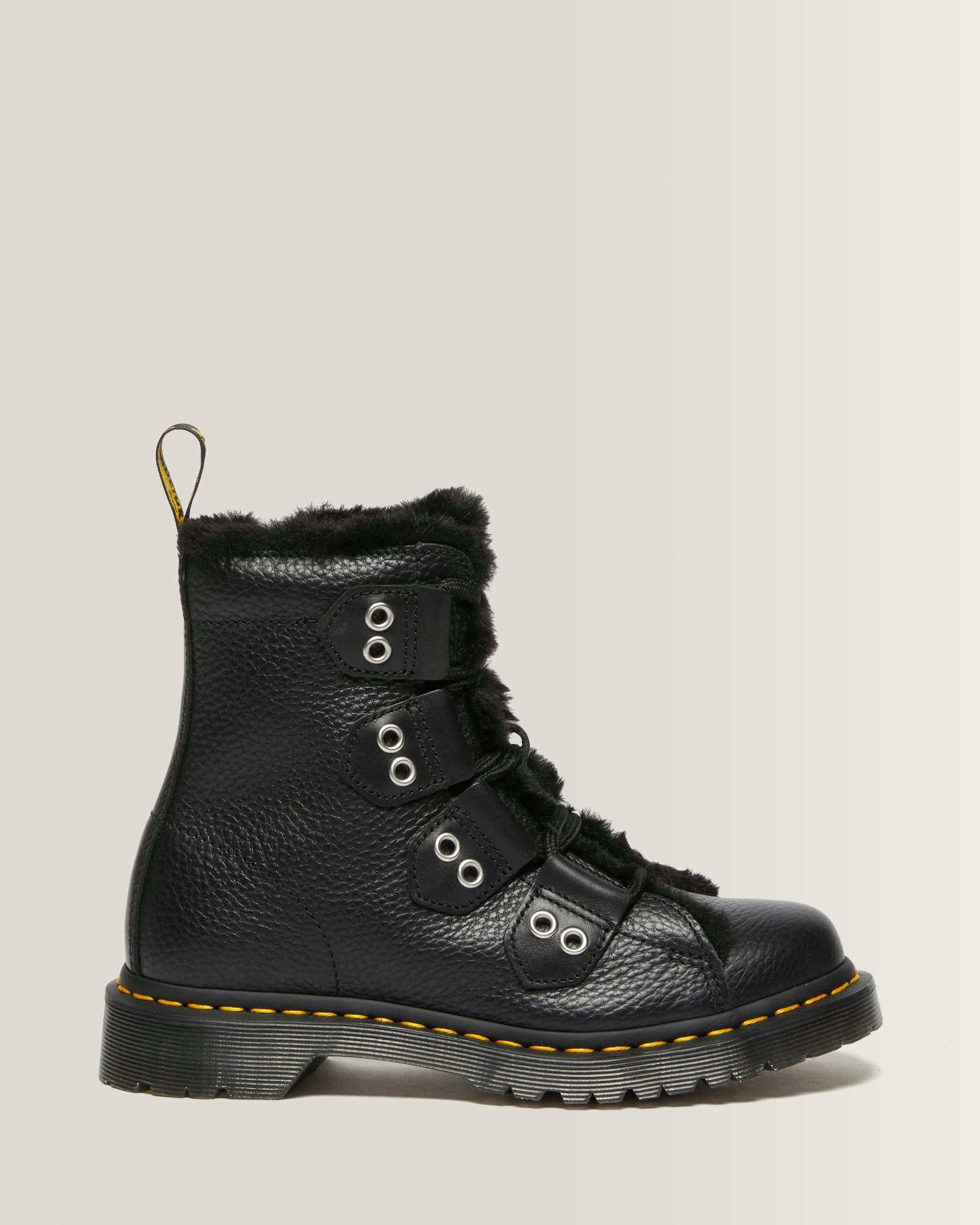 1460 Faux Fur Lined Leather Lace Up Boots - Black