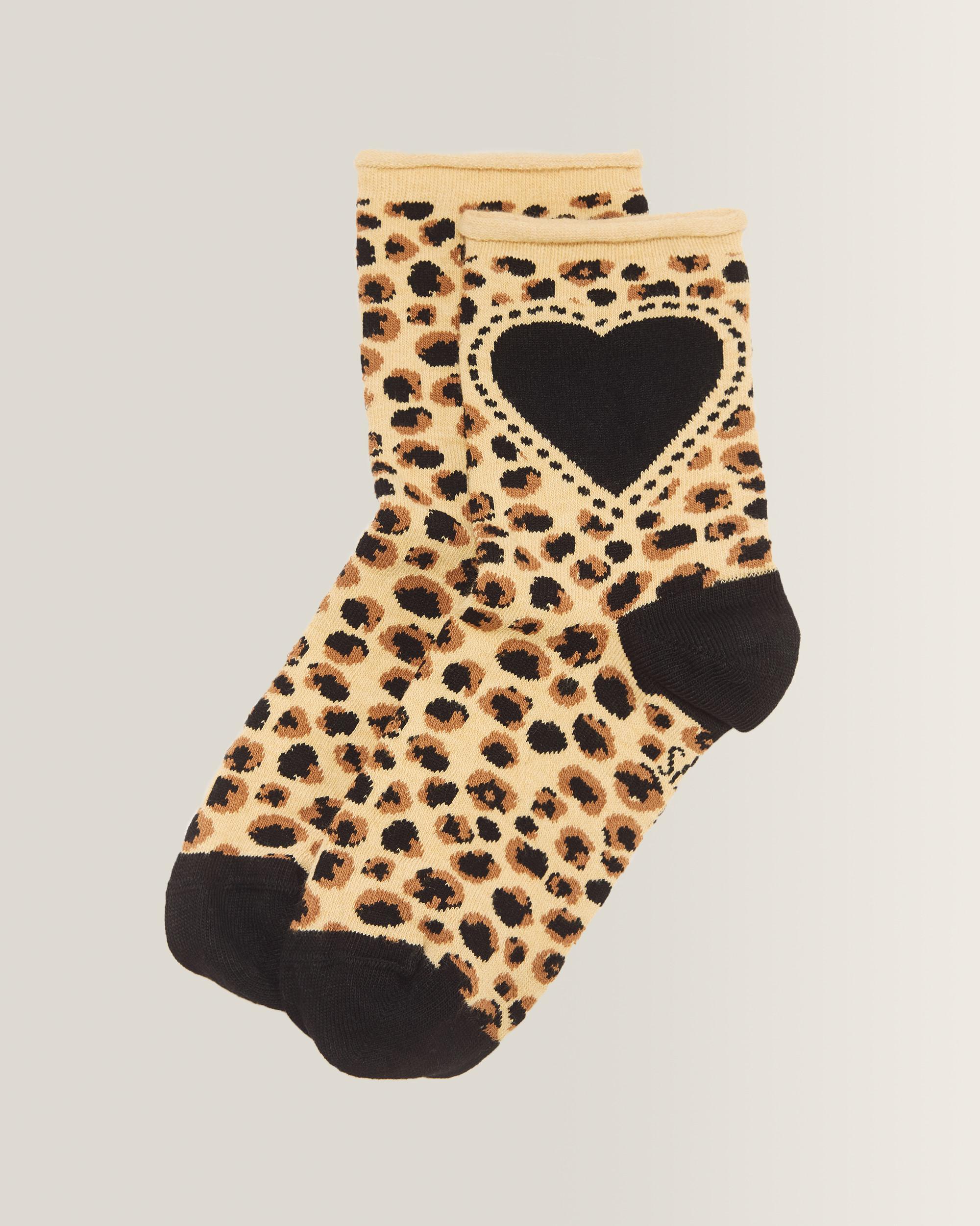 Leopard Heart Cotton Blend Socks - Light Tan