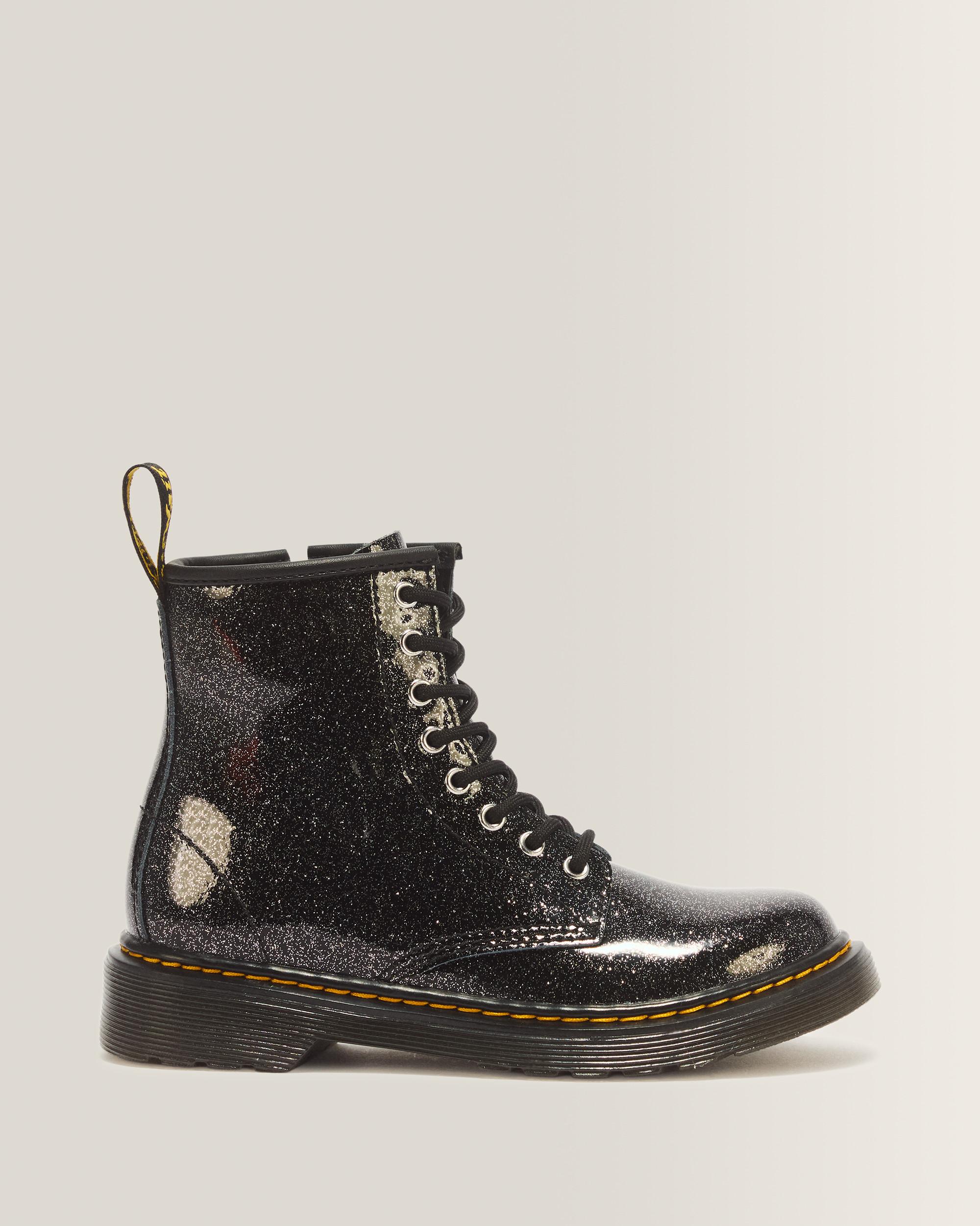 JUNIOR 1460 GLITTER PATENT LEATHER  BOOTS - BLACK+SILVER