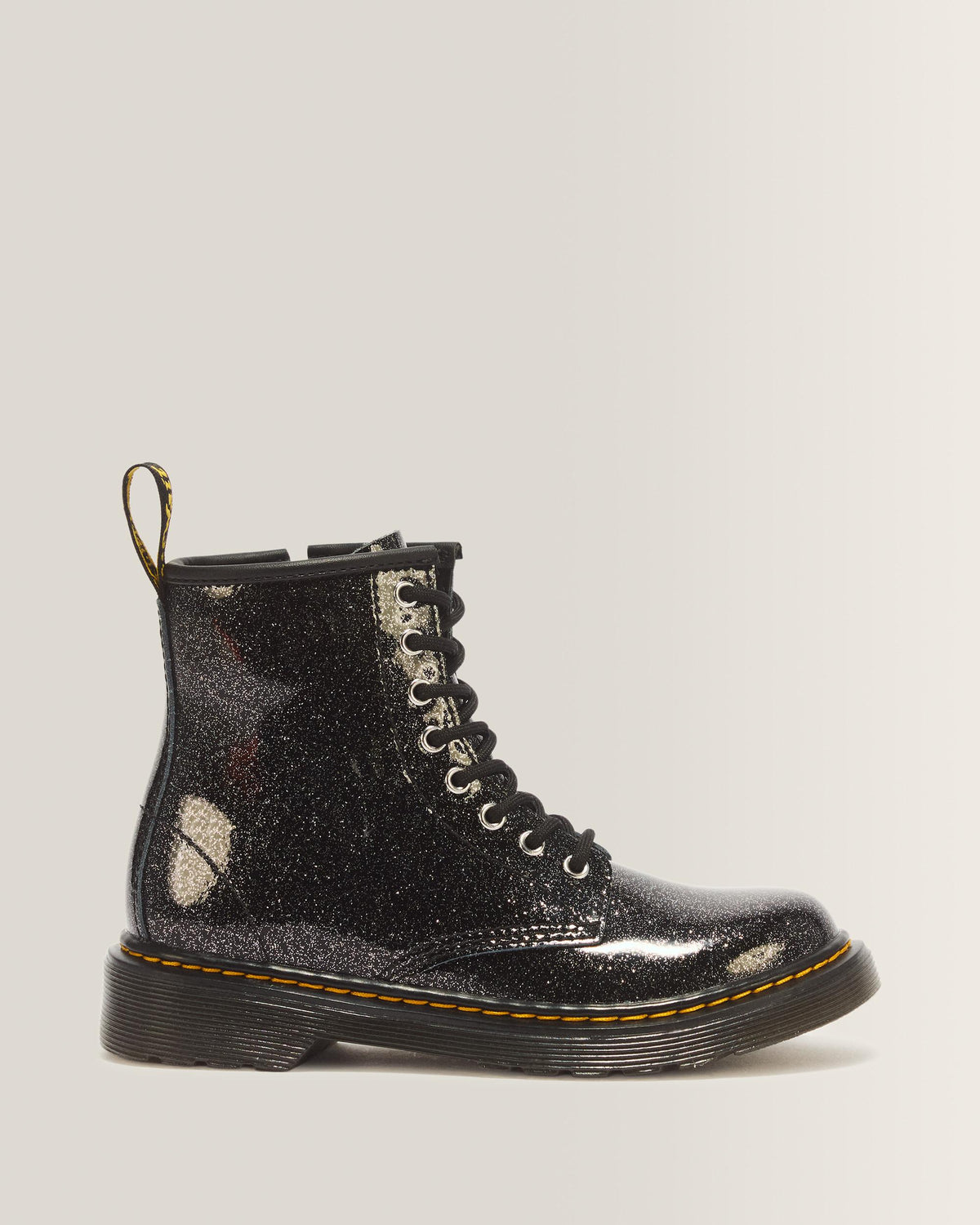 JUNIOR 1460 GLITTER PATENT LEATHER  BOOTS - BLACK+SILVER