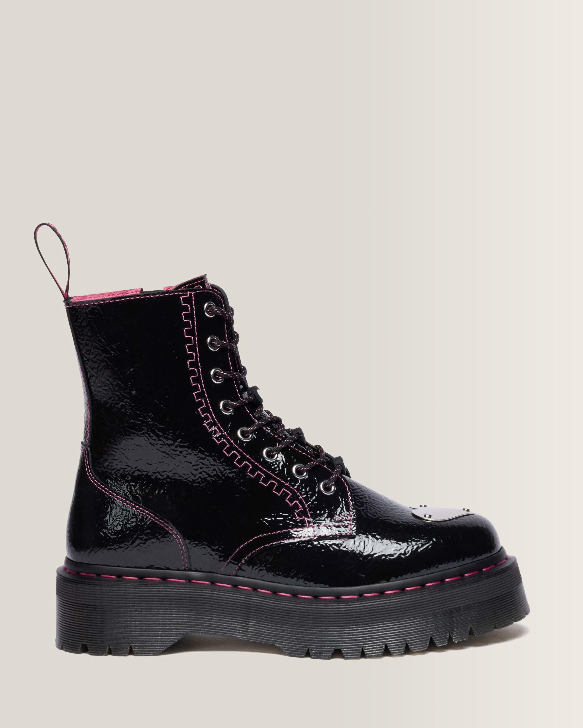 Jadon Distressed Patent Leather Platform Boots - Black