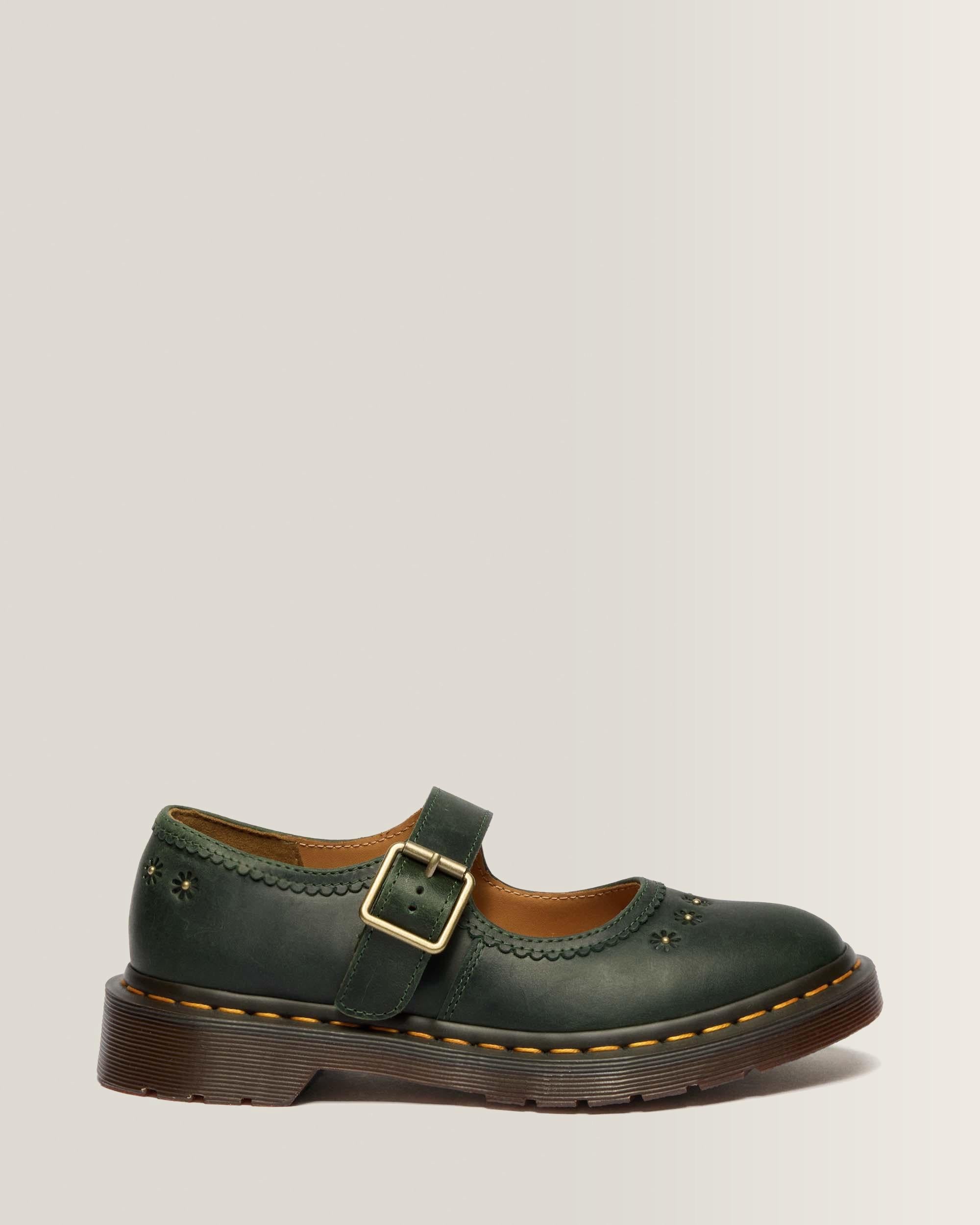 Mary Jane Flower Crazy Horse Leather Shoes - DMS GREEN