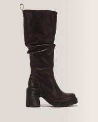 Kasey Kinsley Leather Knee High Heeled Boots - DARK BROWN